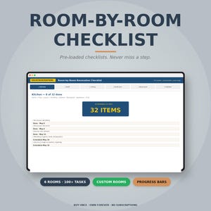 May include: A digital room-by-room checklist displayed on a tablet. The screen shows a renovation checklist with 32 items, and the text "ROOM-BY-ROOM CHECKLIST" at the top. Additional text includes "6 ROOMS • 100+ TASKS" and "CUSTOM ROOMS".