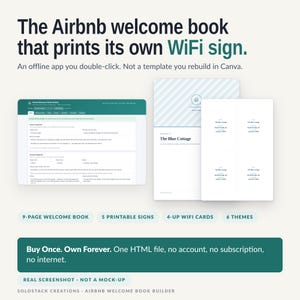 May include: A digital software interface for an Airbnb welcome book builder, displaying a form for property details, a preview of a welcome book cover, and a sheet of four WiFi cards. Text includes: The Airbnb welcome book that prints its own WiFi sign.