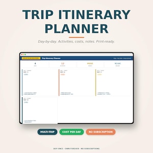 Puede incluir: Un planificador de itinerario de viaje digital que se muestra en una tableta. La pantalla muestra un horario diario con actividades, costos y notas. El texto en la parte superior dice "TRIP ITINERARY PLANNER". El planificador está listo para imprimir y ofrece opciones de viaje múltiple y costo por día.