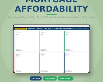 Calculadora web de asequibilidad hipotecaria / PITI, DTI, precio máximo, prueba de estrés (descarga instantánea)