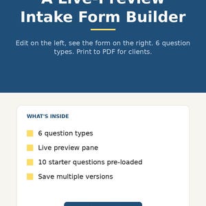 May include: An advertisement for a digital intake form builder for coaches and therapists. The image displays the text "A Live-Preview Intake Form Builder" and highlights features like 6 question types and a live preview pane. It encourages users to "Get it on Etsy".