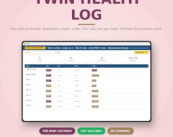 Aplicación de registro de salud para gemelos / Síntomas, medicamentos, visitas y vacunas de los CDC por bebé (resumen de urgencias imprimible)