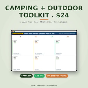 May include: A digital camping and outdoor toolkit displayed on a tablet. The screen shows a user interface with sections for trips, gear, meals, hikes, sites, and budget. The text on the screen reads "Camping Toolkit - everything from booking to post-trip notes."