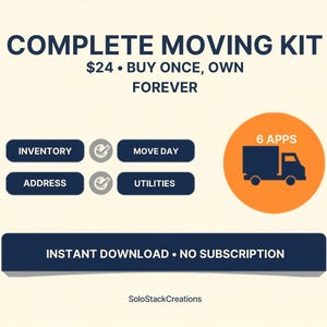 Può includere: Una grafica digitale per un kit di trasloco completo con testo e pulsanti blu scuro su sfondo chiaro. Elenca le categorie Inventario, Giorno del trasloco, Indirizzo e Utenze, un cerchio arancione con l'icona di un camion e il testo Download istantaneo.