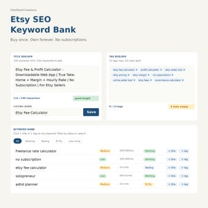 May include: Screenshot of an Etsy SEO Keyword Bank tool. The interface includes sections for title and tag building, and a keyword bank. The text reads "Buy once. Own forever. No subscriptions."