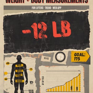 Könnte beinhalten: Eine digitale Infografik mit dem Titel WEIGHT + BODY MEASUREMENTS FOR LIFTERS TREND WEB APP. Sie zeigt eine schwarze Silhouette einer menschlichen Figur mit gelben Bändern, beschriftet mit NECK, CHEST, ARMS, THIGHS, ein Diagramm und -12 LB.