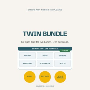 Puede incluir: Un gráfico digital para un Twin Bundle que incluye seis aplicaciones para dos bebés. El texto dice: OFFLINE APP, NOTHING IS UPLOADED, TWIN BUNDLE, Six apps built for two babies. One download. SIX TWIN APPS, ONE DOWNLOAD, SAVE 46%, FEEDING, SLEEP, DIAPERS, MILESTONES, POSTPARTUM, HEALTH, 6 APPS, BUY ONCE, STAYS PRIVATE, SOLOSTACK CREATIONS.