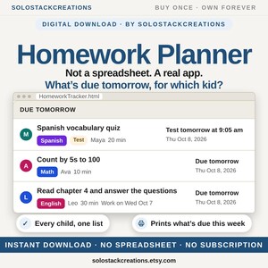 Homework Planner & Assignment Tracker | Due Dates for Each Child, Student Planner App