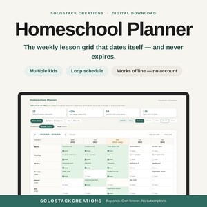 May include: A digital homeschool planner interface featuring a weekly lesson grid, progress tracking metrics, and subject columns for multiple students. The layout includes tabs for students, subjects, and records, with a clean, organized dashboard design.