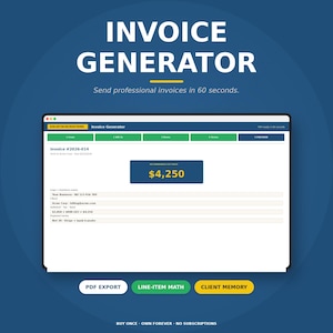 Pode incluir: Interface de um gerador de faturas digital em um tablet, exibindo uma fatura com um total de $4.250. A tela apresenta o texto "Invoice Generator" e "Send professional invoices in 60 seconds." Os botões incluem "PDF Export", "Line-Item Math" e "Client Memory".