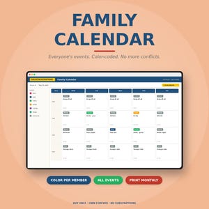 Family Calendar App | Color-Coded Per Member | Recurring Events | Print for Fridge | Browser-Based No Subscription