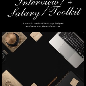 Könnte beinhalten: Eine digitale Produktwerbung mit dem Text Unlock Your Potential, Interview / + Salary / Toolkit und A powerful bundle of 5 web apps designed to enhance your job search success. Das Layout umfasst einen Laptop, einen Stift und Schreibwaren.