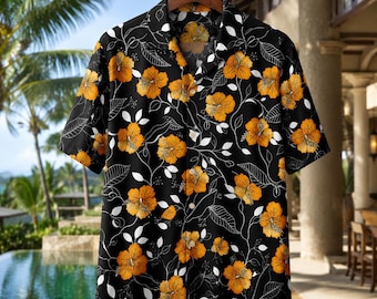 Black Hawaiian Shirt with Orange Hibiscus Pattern