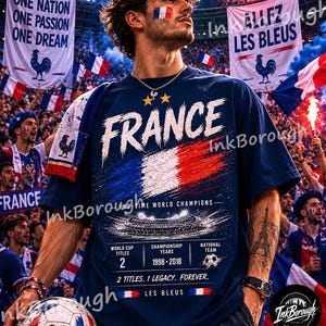 May include: A navy blue t-shirt featuring a graphic of the French flag, the text FRANCE, TWO-TIME WORLD CHAMPIONS, 2, 1998-2018, 2 TITLES. 1 LEGACY. FOREVER. LES BLEUS, and a stadium illustration. The shirt includes two gold stars above the text.