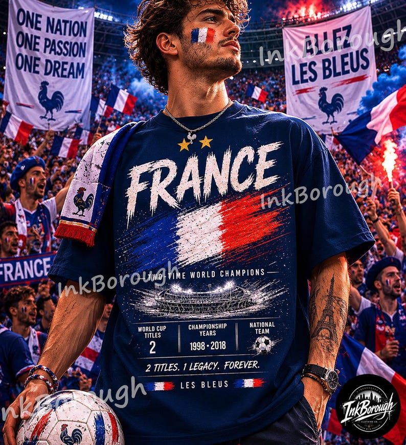 May include: A navy blue t-shirt featuring a graphic of the French flag, the text FRANCE, TWO-TIME WORLD CHAMPIONS, 2, 1998-2018, 2 TITLES. 1 LEGACY. FOREVER. LES BLEUS, and a stadium illustration. The shirt includes two gold stars above the text.