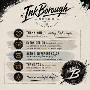 May include: A beige informational graphic for InkBorough Clothing Co. featuring five black circular icons with gold symbols: a heart, a t-shirt, an envelope, a storefront, and a sun. The text includes thank you messages and custom order details.