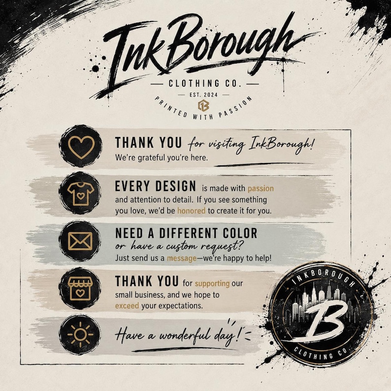 May include: A beige informational graphic for InkBorough Clothing Co. featuring five black circular icons with gold symbols: a heart, a t-shirt, an envelope, a storefront, and a sun. The text includes thank you messages and custom order details.
