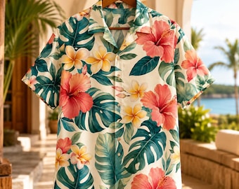 White Monstera Hawaiian Shirt with Hibiscus & Plumeria