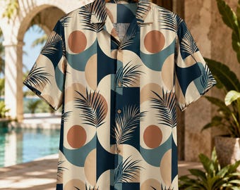 Abstract Geometric Hawaiian Shirt, Blue-Gray Vintage Button-Down