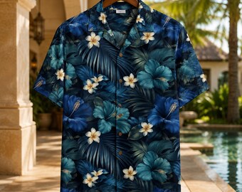 Navy Tropical Hawaiian Shirt, Hibiscus Plumeria Floral Aloha Beach Resort Wear