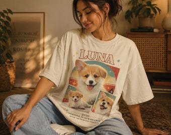 Custom Pet Memorial Collage Shirt, Personalized Corgi Portrait Tee, Vintage 90s Style