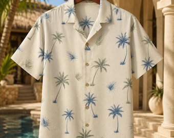 Blue Palm Print Vintage Hawaiian Aloha Shirt