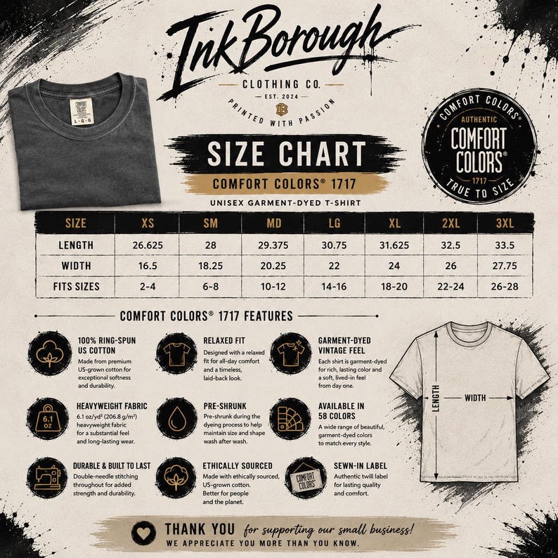 May include: A size chart for a Comfort Colors 1717 unisex garment-dyed t-shirt by Ink Borough Clothing Co. The chart lists length, width, and fit sizes in inches for sizes XS to 3XL, alongside features like 100% ring-spun US cotton and pre-shrunk fabric.