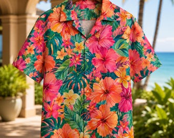 Bright Tropical Floral Hawaiian Shirt, Summer Beach Vacation Top