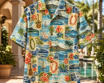 Hawaiian Shirt with Diamond Head & Sailboat Motifs