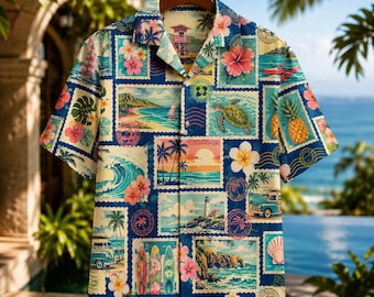 Vintage Hawaii Postcard Hawaiian Shirt, Retro Travel Stamp Aloha Button-Up