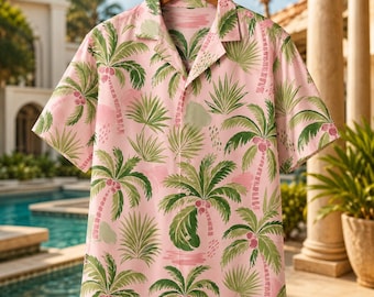 Elegant Palm Leaf Aloha Shirt – Light Pink Teal Banana Leaf Pattern