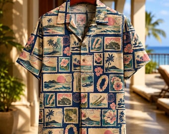 Vintage Postcard Hawaiian Shirt, Retro Aloha Travel Stamp Print