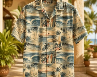 Vintage Van Life Hawaiian Shirt, Retro Surf Beach Camp Shirt, Tropical Palm Button Down