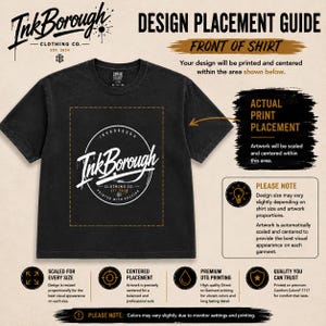 May include: A black t-shirt with a white InkBorough Clothing Co. logo centered on the chest. The image is a design placement guide featuring text explaining print placement, scaling, and quality, including the InkBorough logo and branding.