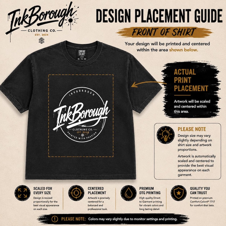 May include: A black t-shirt with a white InkBorough Clothing Co. logo centered on the chest. The image is a design placement guide featuring text explaining print placement, scaling, and quality, including the InkBorough logo and branding.