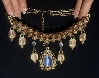Handmade Blue Cat's Eye Statement Necklace, Victorian Revival Bib Necklace, Blue Pendant Necklace, old money vintage Jewelry