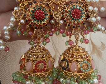 Traditional Multicolor Jhumka Earrings | Gold-Tone Indian Pakistani Bridal Earrings with Pearl & Bead Danglers