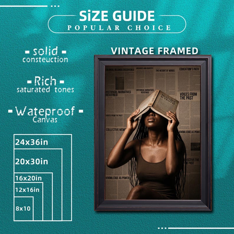 May include: A vintage framed wall art print featuring a person holding an open book over their face against a background of newspaper text. The graphic includes text: SIZE GUIDE, POPULAR CHOICE, VINTAGE FRAMED, solid construction, Rich saturated tones, Waterproof Canvas, and sizes 24x36in, 20x30in, 16x20in, 12x16in, 8x10in.