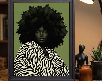 Sage Green Background Melanin Woman Voluminous Afro Zebra Print Robe Wall Art Print