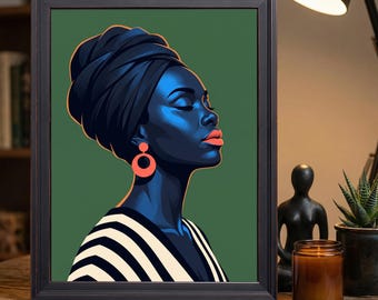 Bold Color Block African Woman Turban Orange Hoop Earring Green Wall Art Print
