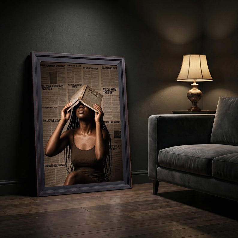 May include: A framed wall art print featuring a person with long braids holding an open book over their face. The background consists of newspaper columns with text including History & Truth, Voices From The Past, and Knowledge As Power.