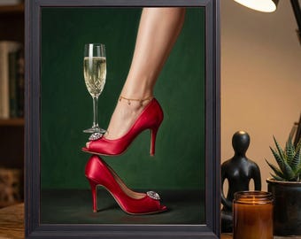 Emerald Green Wall Art Red Satin Heels Champagne Glass Fashion Oil Painting Print