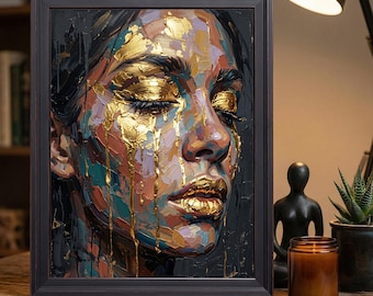 Gold Drip Woman Portrait Wall Art, Abstract Oil Painting Print