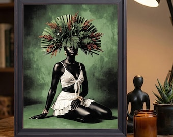 Green Tropical Leaf Headdress Melanin Black Woman Vintage Textured Wall Art Print