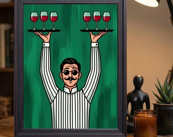 Retro Mustache Waiter Holding Red Wine Trays Emerald Green Background Bar Wall Art Print