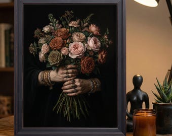 Dark Moody Oil Painting Hands With Vintage Jewelry Holding Muted Roses Wall Art Print