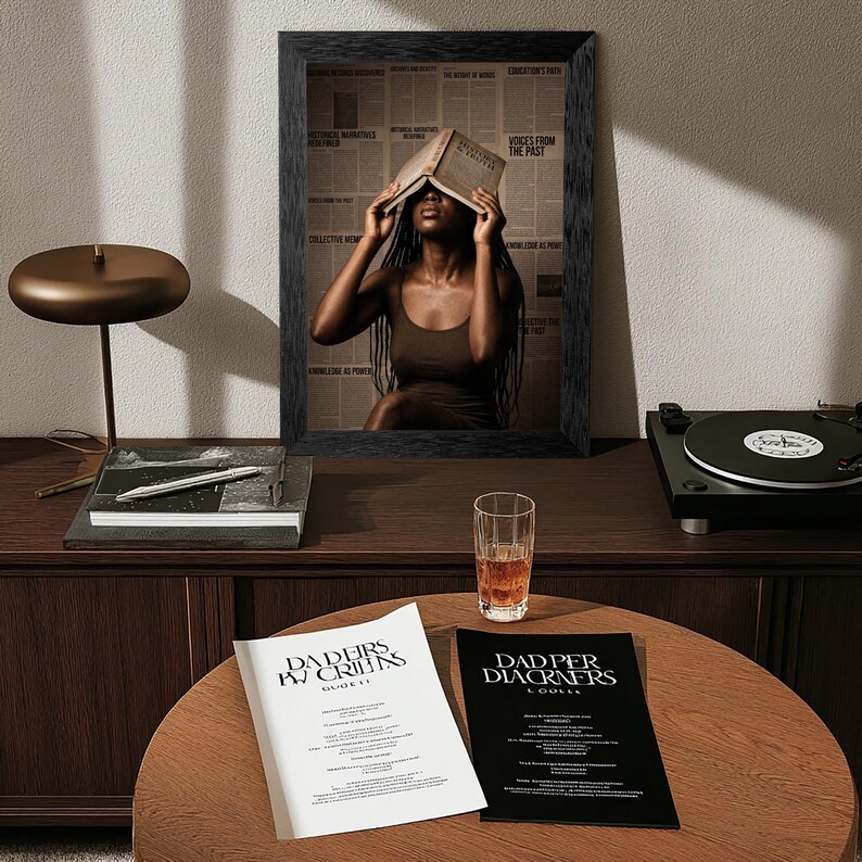 May include: A framed wall art print featuring a person holding an open book over their face, set against a background of newspaper columns. Two printed documents with stylized black text on white and black paper rest on a round wooden table.