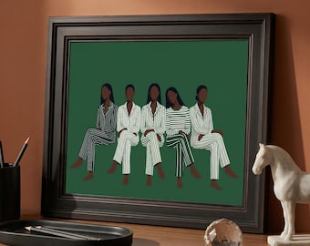 Minimalist Five Black Women Green Striped Pajamas Emerald Green Wall Art Print