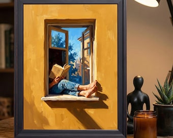 Impressionist Oil Painting Print: Reader in Yellow Window Nook, Sunny City View