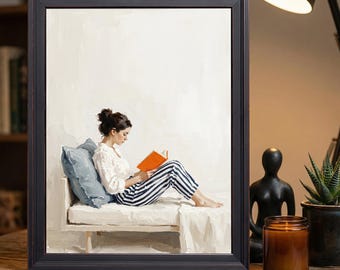 Woman Reading Orange Book Wall Art, Minimalist Oil Painting Print